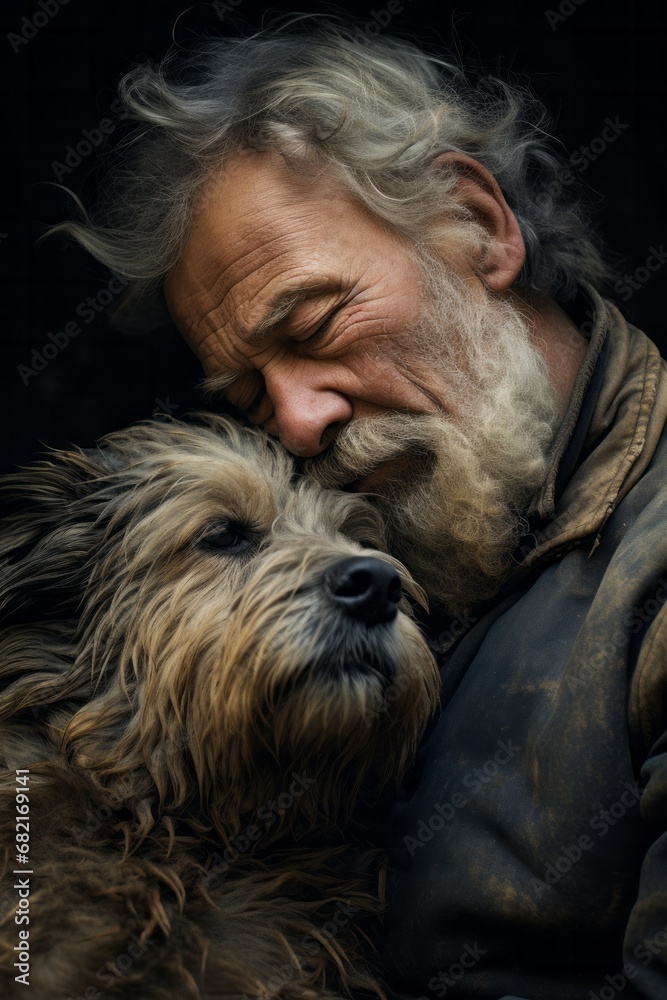 Senior man embraces his old dog, love and trust, loyalty, true friendship Senior man embraces his old dog, love and trust, loyalty, true friendship