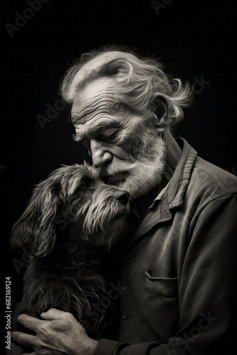 Senior man embraces his old dog, love and trust, loyalty, true friendship