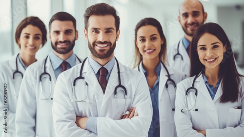 Team of confident healthcare professionals in white lab coats with stethoscopes  standing together  portraying trust and expertise in the medical field. Ai generatd