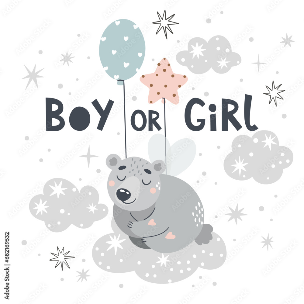 Obraz premium Boy or girl. Vector illustration with a cute fairytale bear for a gender party. Suitable for printing posters, stickers, cards and more.