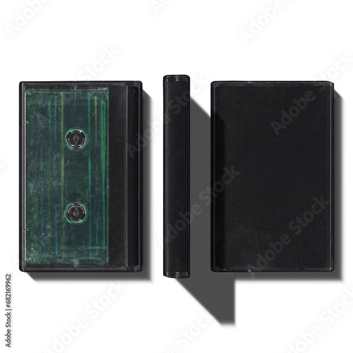 Compact music green cassette tape in case, in vintage retro Y2K 80’s, 90’s style, isolated and clipping path on a transparent background with shadows, top view from three sides