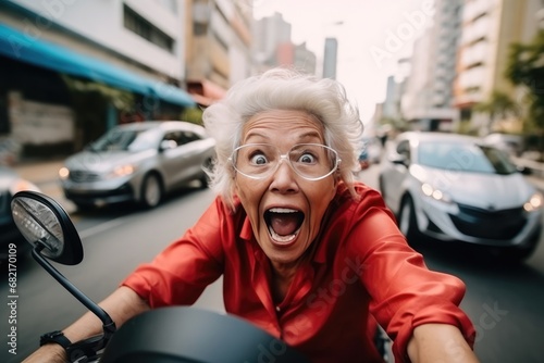 Fearful Elderly Woman On Motorbike Facing City Traffic Diverse Group Of Beautiful Women With Glowing Skin