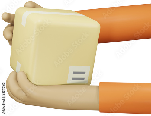 Delivery man hand holding carton box send to customer. Online shopping and delivery service. 3D cartoon character.