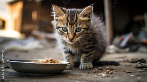 Cute little kitten eating food from a bowl. Selective focus.