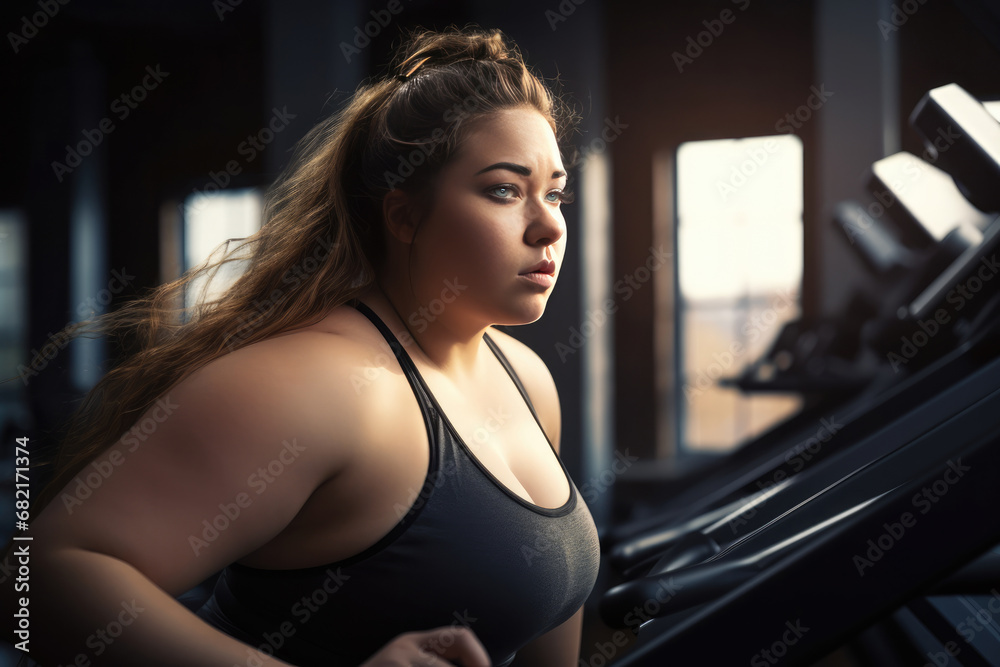 Overweight Woman Exercising In Gym For Health And Weight Loss. Сoncept Weightlifting Techniques, Healthy Eating Tips, Fitness Motivation, Body Positivity, Setting Realistic Goals