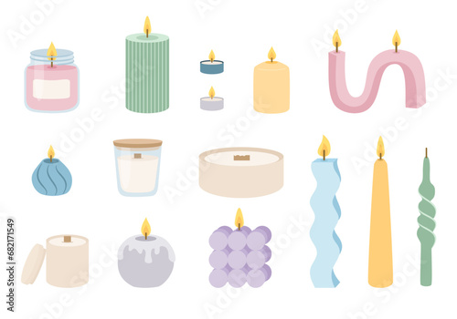 Trendy cozy aroma candles set in pastel colors. Vector illustration in flat cartoon style.