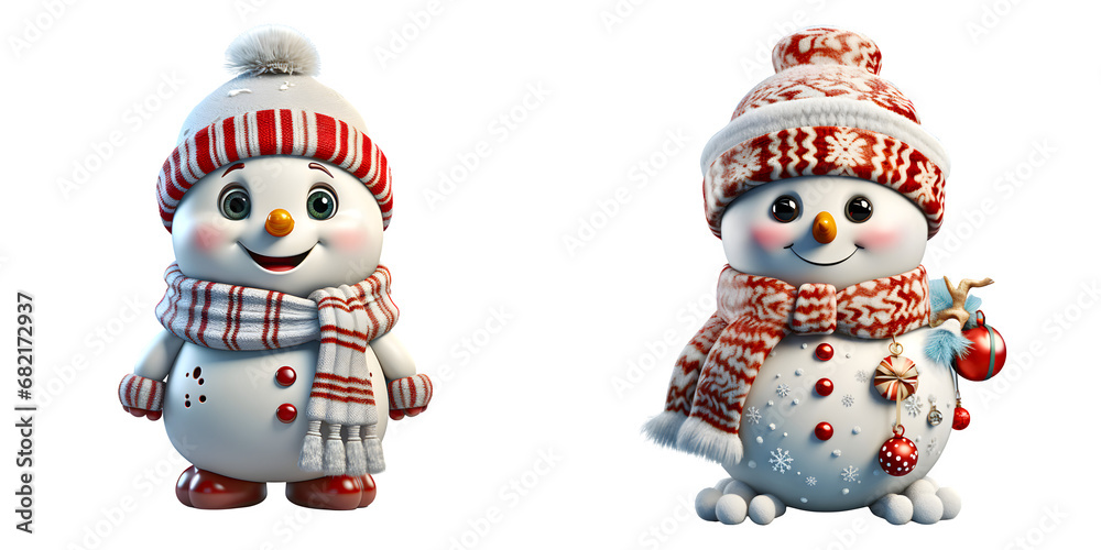 Two isolated cute snowman emoji in a transparent background for