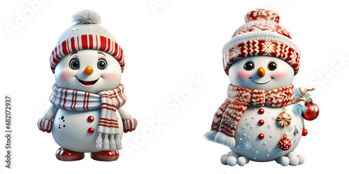 Two isolated cute snowman emoji in a transparent background for Christmas, PNG, Generative AI