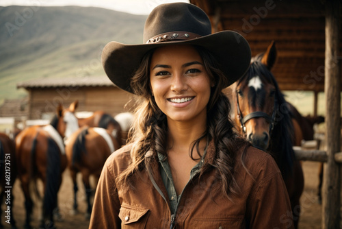 A cowgirl smiling and horses behind. Generative AI. © Adri Zen