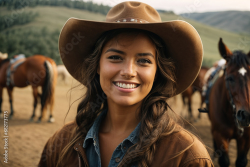 A cowgirl smiling and horses behind. Generative AI. © Adri Zen