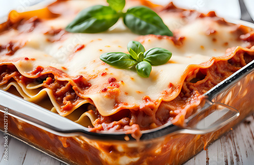 Traditional italian lasagna made with minced beef bolognese sauce