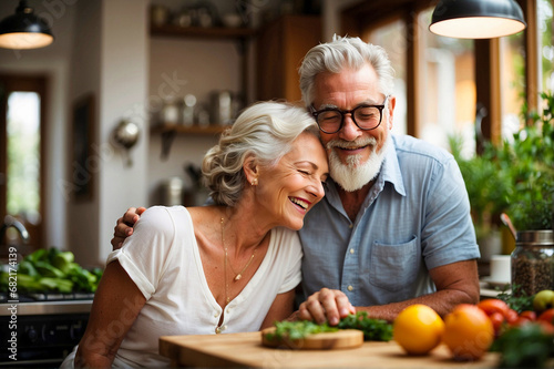 A joyful elderly couple shares a tender moment in a sunlit kitchen filled with fresh produce