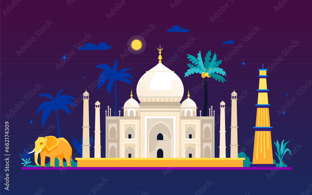 Taj Mahal at night - modern colored vector illustration