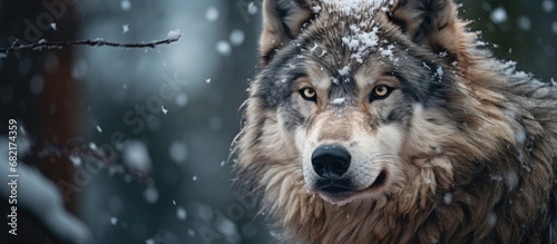 In the serene European timber forest, amidst the winter snowfall, a majestic wolf emerges, embodying the raw beauty of nature's wilderness, capturing the essence of wildlife in a breathtaking portrait