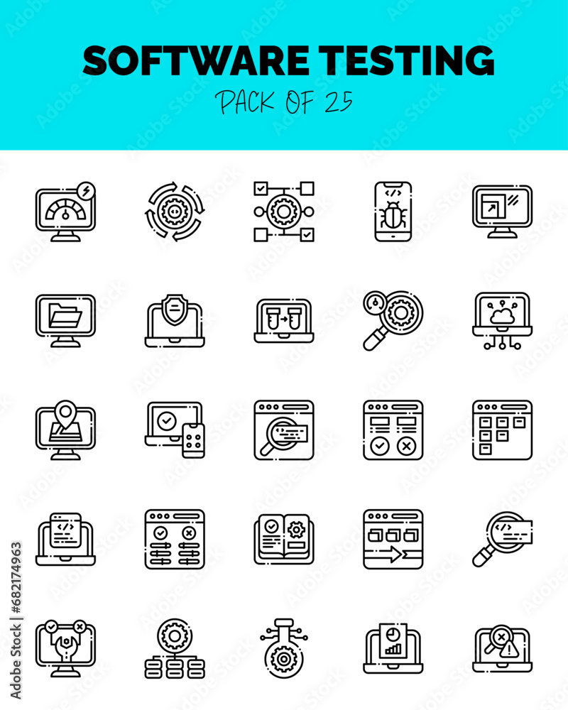 set of Software Testing Lineal Cut icons for logo & web. Vector illustration