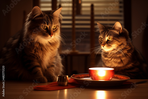 Cats sit around a candle in the evening.