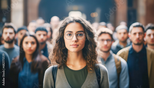 A young white woman with glasses stands in sharp focus against a blurred background of diverse people, highlighting individuality and presence.