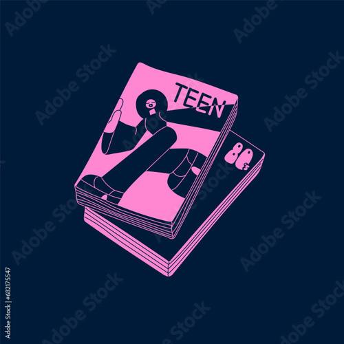 Vintage glossy magazine with woman on cover. Retro mass media about beauty, fashion for girls, teen. Popular vogue journal of 80s about celebrities. Monochrome flat isolated vector illustration