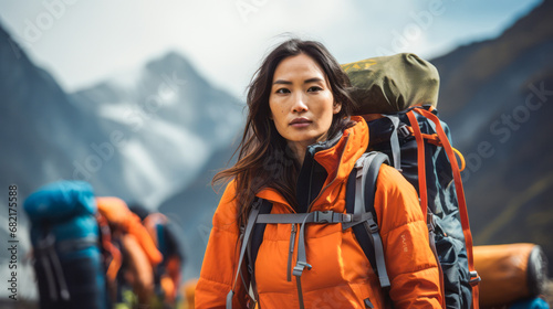 An Asian female adventurer in vibrant orange outerwear stands ready with a backpack, set against a dramatic mountain landscape, spirit of exploration.