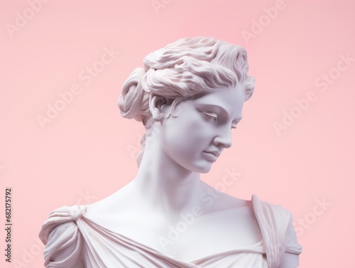 Antique Statue of a Woman goddess in profile. Greek Ancient Sculpture of female head with pink pastel background. Modern trendy y2k style.