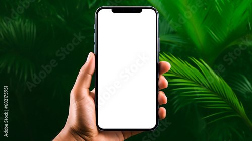 Fototapeta Naklejka Na Ścianę i Meble -  hand holding smartphone on green jungle background with fern