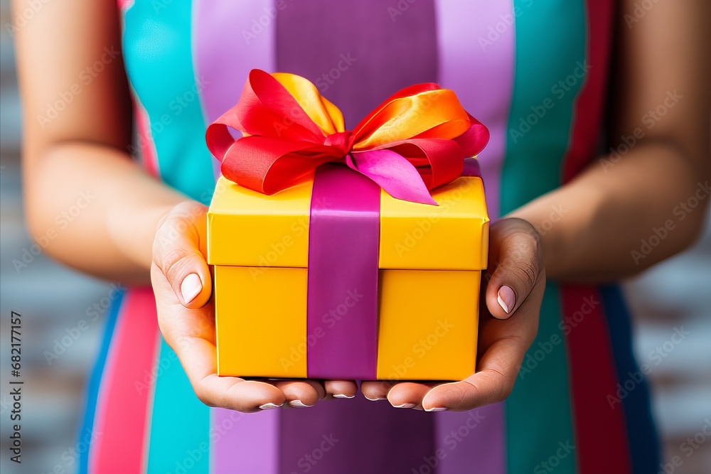 A womans hands hold a gift box with a ribbon A womans hands hold a gift box with a ribbon