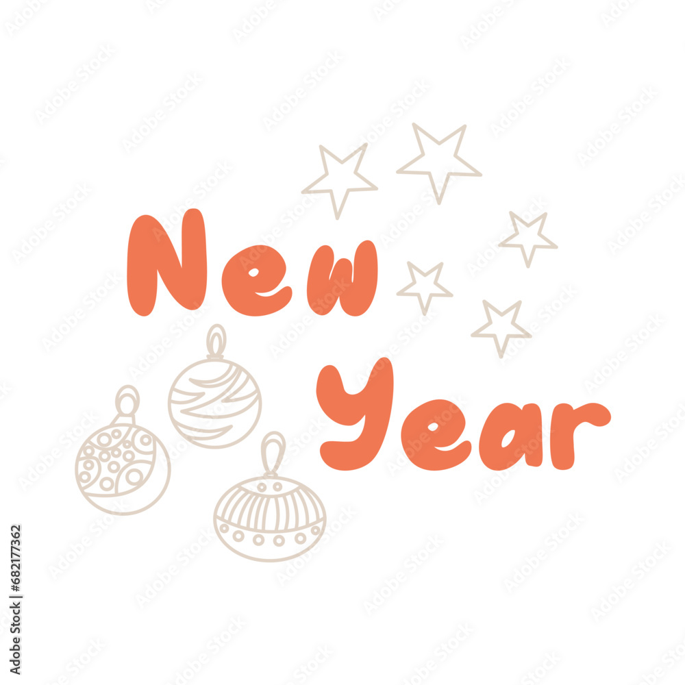 Handwriting lettering on retro style for card, t-shirts, posters, etc. Orange, beige, white. New year on square shape. Vector design banner.