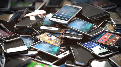 Choose mobile phone. Heap of the different smartphones and one w photo