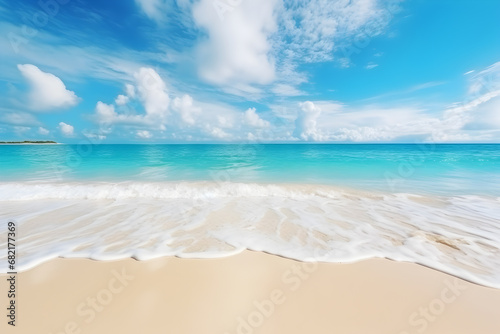 Beautiful white Tropical sand beach and tropical sea. Summer vacation background. Copy space.