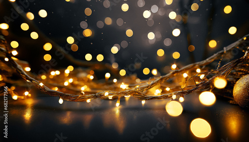 A string of lights, close-up, light bulb with blurred sparkle and glitter dark background. Warm magical xmas lights. christmas tree, shiny, glow, festive lighting, bokeh, dark blue, atmospheric