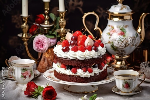 Free photo chocolate cake with cream and strawberry