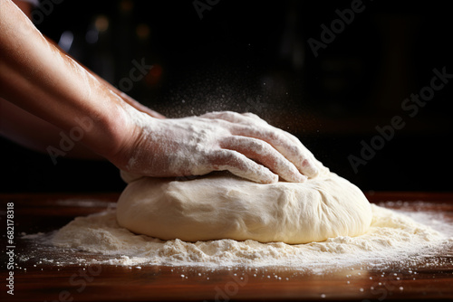 Experienced Bakers Hands Kneading Freshly Made Bread Dough with Perfectly Golden Crust