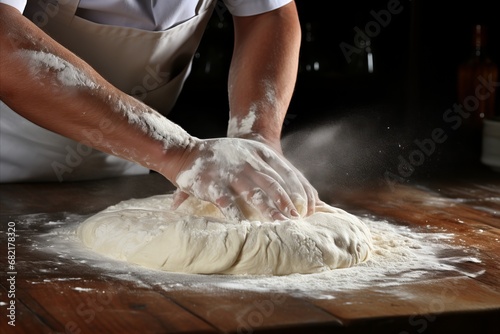 Bakers hands dust flour over the bread dough, ensuring a perfect rise and a golden crust.
