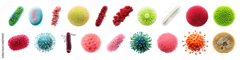 Set of microbes and viruses isolated on transparent background. - obrazy, fototapety, plakaty 
