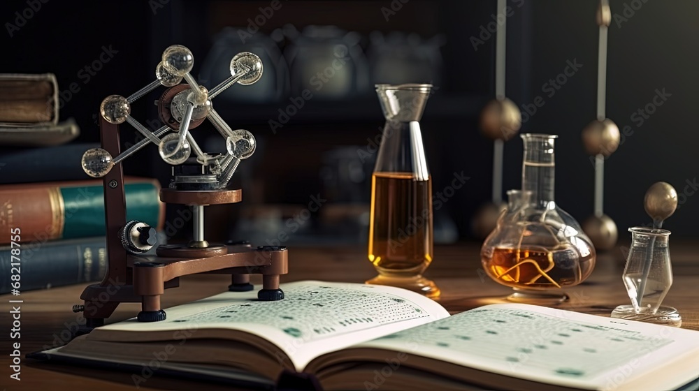 Chemistry .Laboratory equipment microscope with flasks, vials an