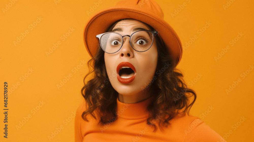 Shocked young female in orange glasses and hat, looking at camera and smiling at camera, against orange background. studio shot, funny female teenager in.