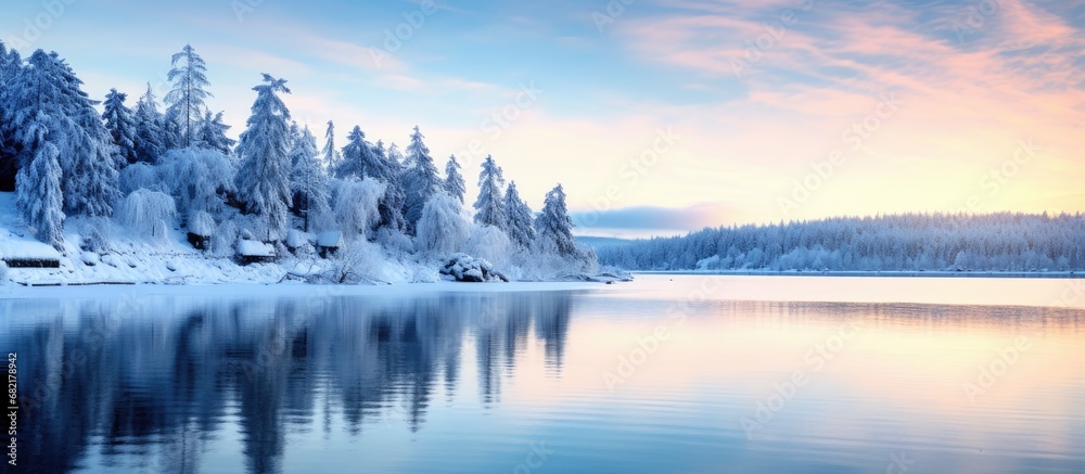 As the sun rose over the winter landscape, the sky transformed into shades of blue, reflecting on the serene white snow and ice-covered forest, creating a breathtaking scene that untamed nature lovers