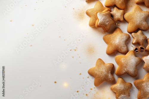 Christmas background with gingerbread cookies and gold dust on a light background.
