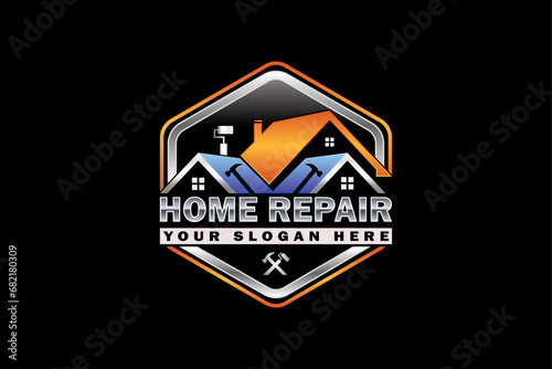 High quality colorful home repair, roofing, remodeling, handyman, home renovation, decor logo