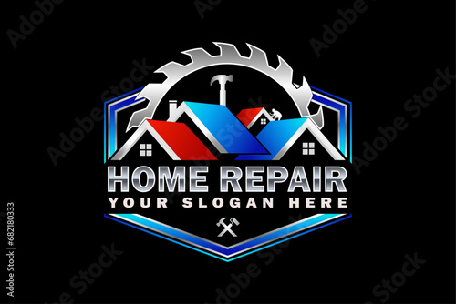 High quality colorful home repair, roofing, remodeling, handyman, home renovation, decor logo