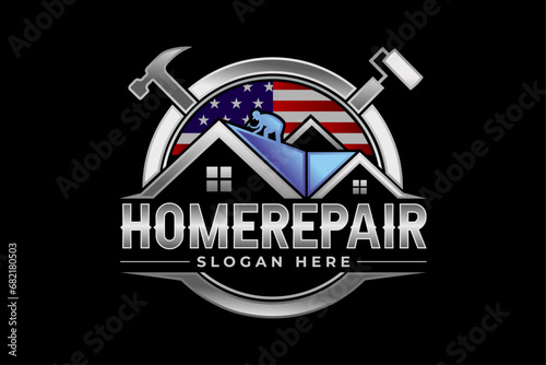 High quality colorful home repair, roofing, remodeling, handyman, home renovation, decor logo