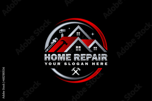 High quality colorful home repair, roofing, remodeling, handyman, home renovation, decor logo