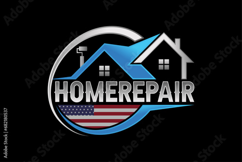 High quality colorful home repair, roofing, remodeling, handyman, home renovation, decor logo