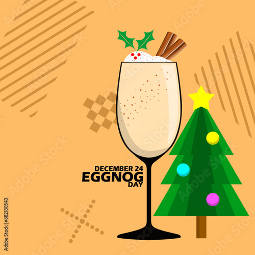 National Eggnog Day event banner. A sweet drink made from milk, cinnamon, sugar, spices, cream and eggs, with a Christmas tree and bold text on a light brown background to celebrate on December 24