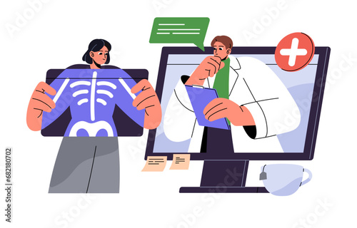 Online medical consultation concept. Medic communicate with patient by video call service. Doctor decide by xray, thinking about health. Modern technology. Flat isolated vector illustration on white