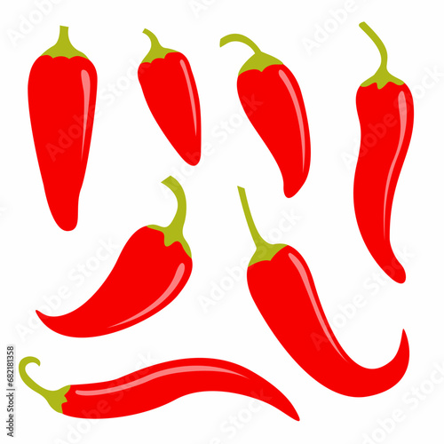 Chili hot pepper icon set. Fresh red chili cayenne peppers. Hot food spices. Flat design. White background. Isolated.