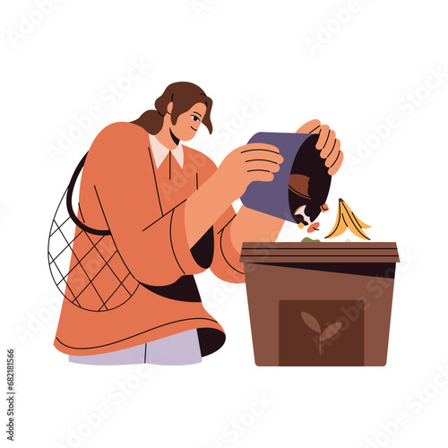 People separate garbage, sorting trash, segregating waste. Woman with bag throw organic, biodegradable scraps from bucket to dumpster. Sustainable lifestyle. Flat isolated vector illustration on white
