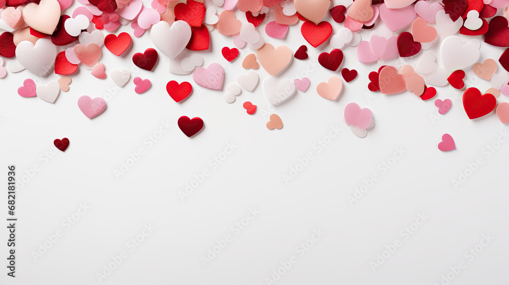 Valentine Day composition with a few tiny hearts, and Valentine elements on white background, copy space for text,valentines background with hearts, top view Valentine Day composition with a few tiny hearts, and Valentine elements on white background, copy space for text,valentines background with hearts, top view