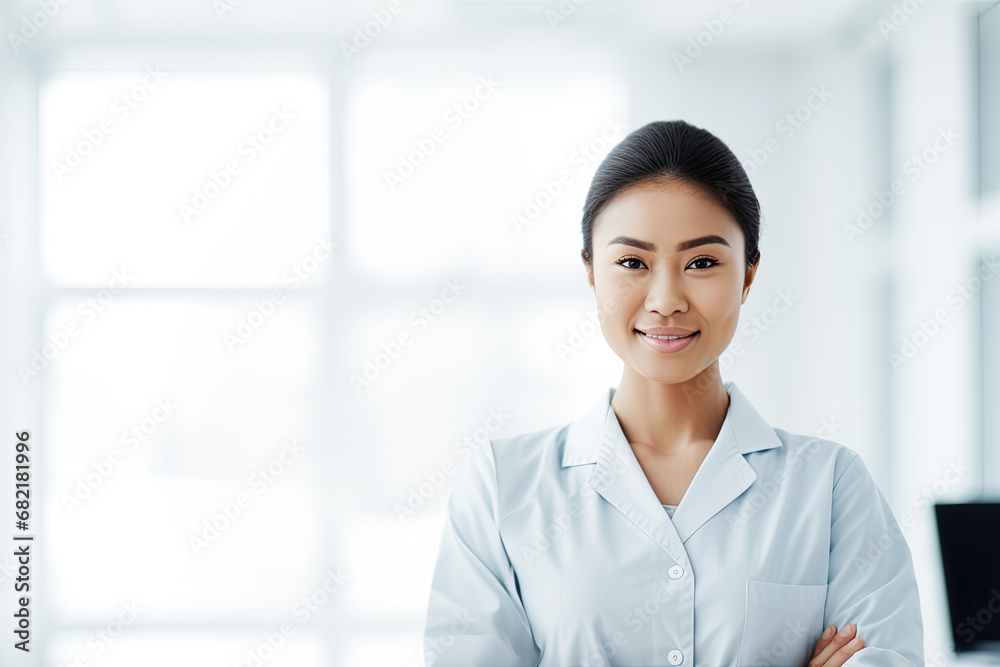 Happy and confident Asian woman working in a professional environment, radiating confidence and success in her career. Happy and confident Asian woman working in a professional environment, radiating confidence and success in her career.