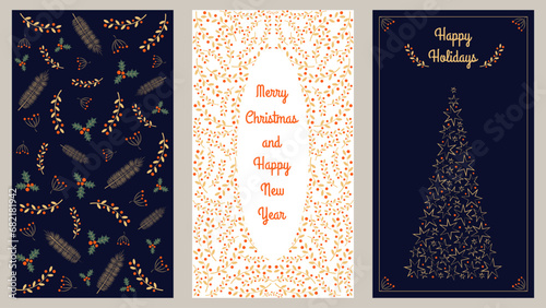 Corporate holiday cards with congratulations and wishes. Universal template. Christmas and New Year. Vector illustration.